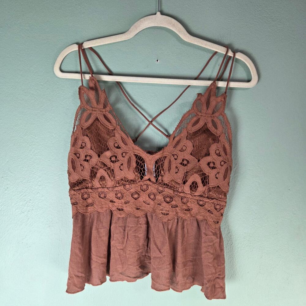 Rue21 Babydoll Top Crop Ruffles Crochet Lace Criss Cross Y2K V Neck XL Brown